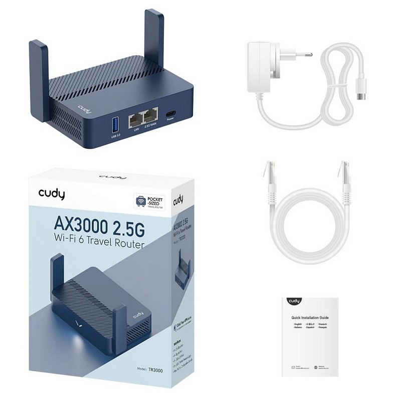 Wi-Fi Роутер Cudy TR3000, AX3000 2.5G Wi-Fi 6 Router w USB, 2?1000Mbps RJ45, USB Type-C power in.