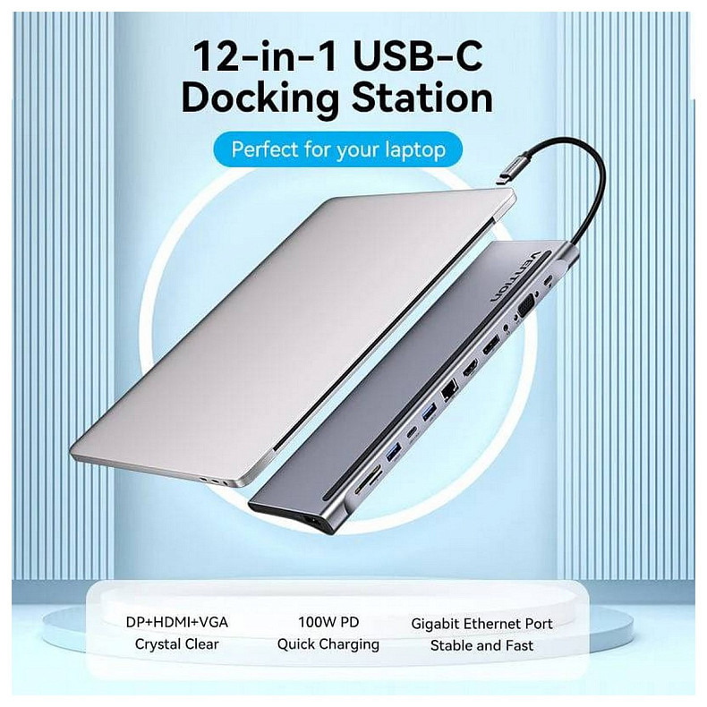 Док-станция USB3.1 Type-C --> DP/HDMI/VGA/USB3.0x3/RJ45/SD/TF/TRRS 3.5mm/PD 100W Vention 12in1