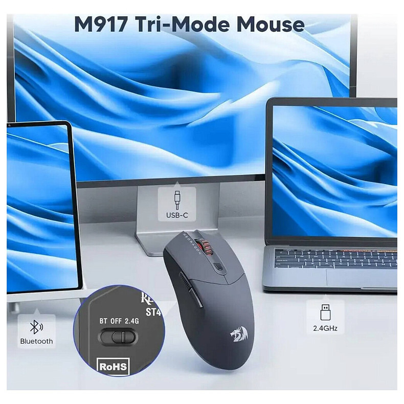 Миша Redragon (72209) ST4R Pro M917GB-PRO, Wireless, USB/2.4GHz/BT, чорна