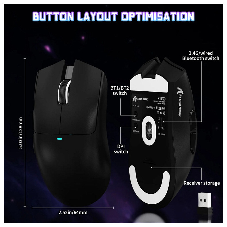 Мышка Attack Shark X11SE, Wireless//Bluetooth, 22000dpi. (PAW3311), 6кн., Black