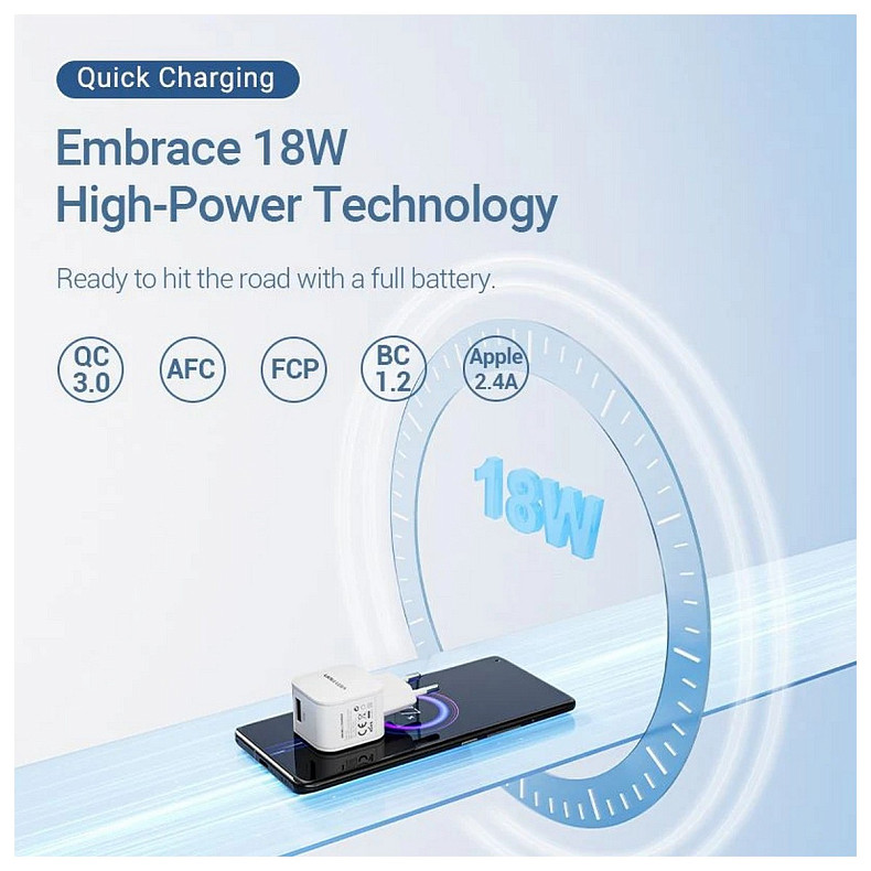 Зарядний пристрій 1xUSB 18W QC3.0 White Vention