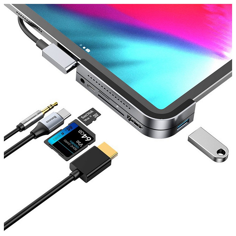 Док-станция USB3.1 Type-C --> HDMI/USB 3.0x3/TF/SD/TRRS 3.5mm/PD 60W Темно-серая Baseus