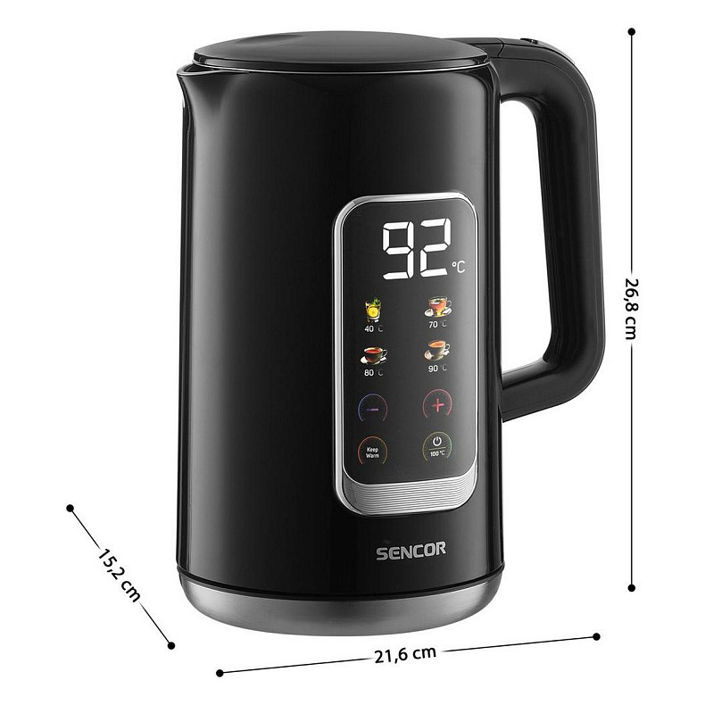 Електрочайник Sencor 1.7л, Strix, LED дисплей, подвійні стінки, сенс. керування, чорний