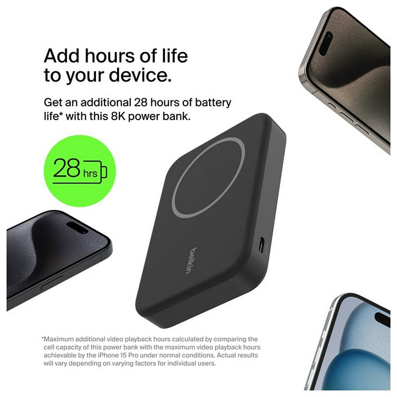 Аккумулятор портативный литий-ионный Power Bank Belkin 8000мА·ч, 15Вт, MagSafe Qi2, черный