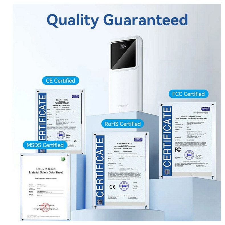 УМБ Vention 10000mAh 22.5W 3A PD, QC3.0, Micro-USB, USB-C, 2x USB-A, LED Display, White