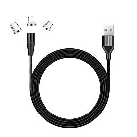 Кабель ColorWay USB-Lightning + microUSB + USB-C Magnetic Data/Quick Charge, 2.4А, 1м, Black (CW-CBU