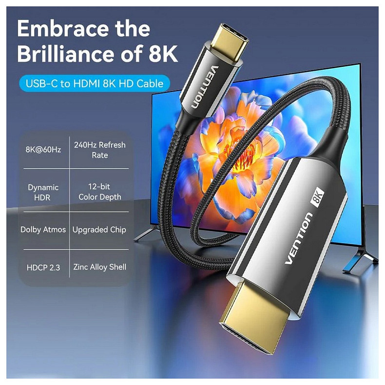 Кабель USB 3.1 Type-C M - HDMI M, 1.8m 8K 60 Гц Zinc Alloy TPE Black Vention