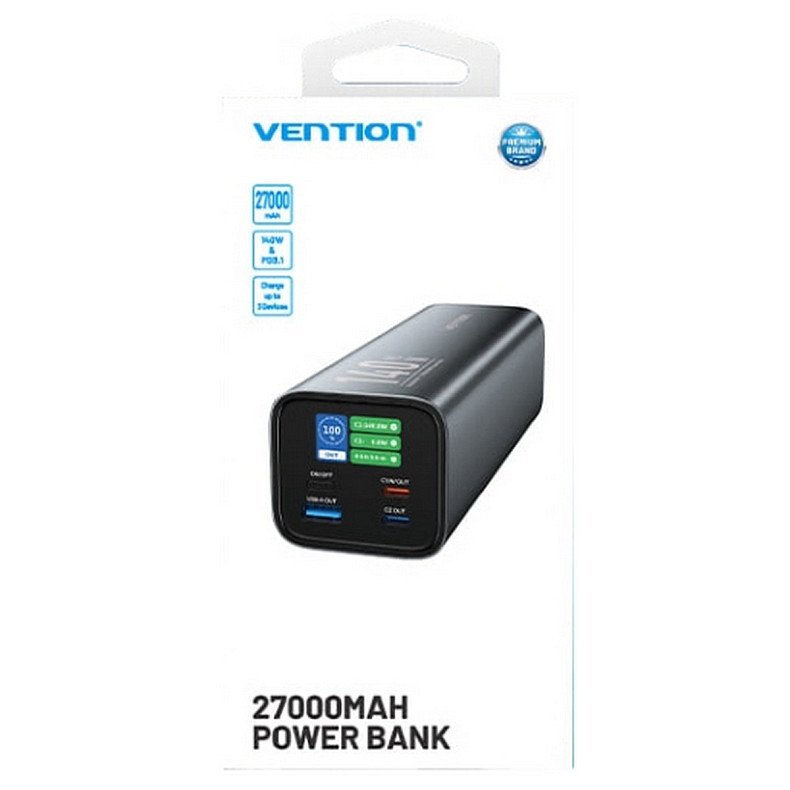 УМБ Vention 27000mAh 140W 5A PD, QC3.0, 2xUSB-C, USB-A, LED Display, Gray