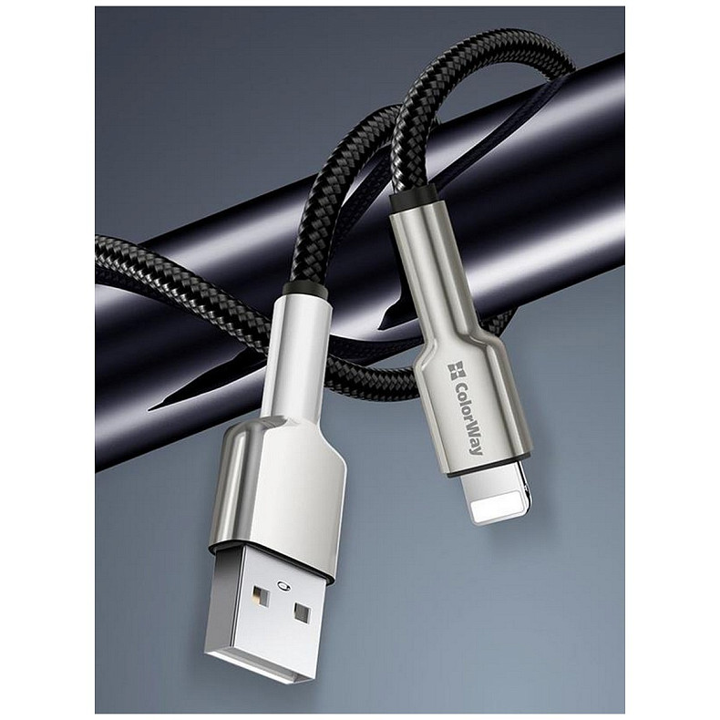 Кабель ColorWay USB-Lightning, head metal, 2.4А, 1м, Black (CW-CBUL046-BK)