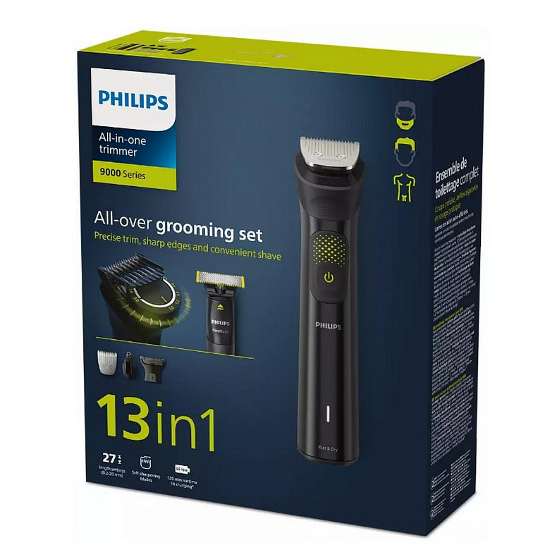 Триммер Philips Series 9000, для бороды, усов, головы и тела, акум., насадок-13, сталь, серый