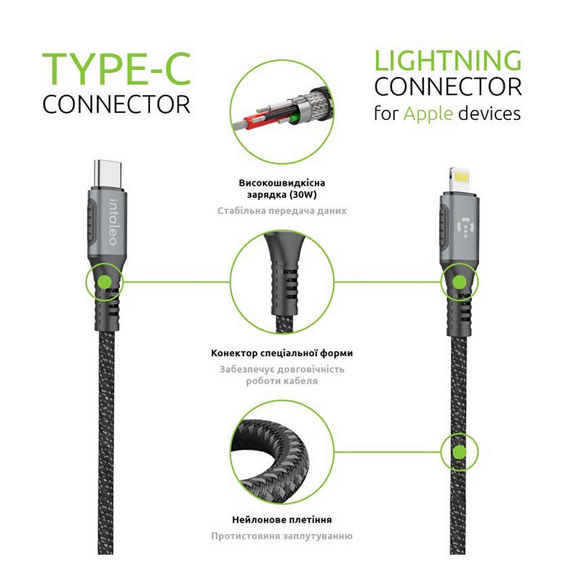 Кабель Intaleo CBGPD30WTL1 USB-Lightning 1.2м Grey (1283126518089)