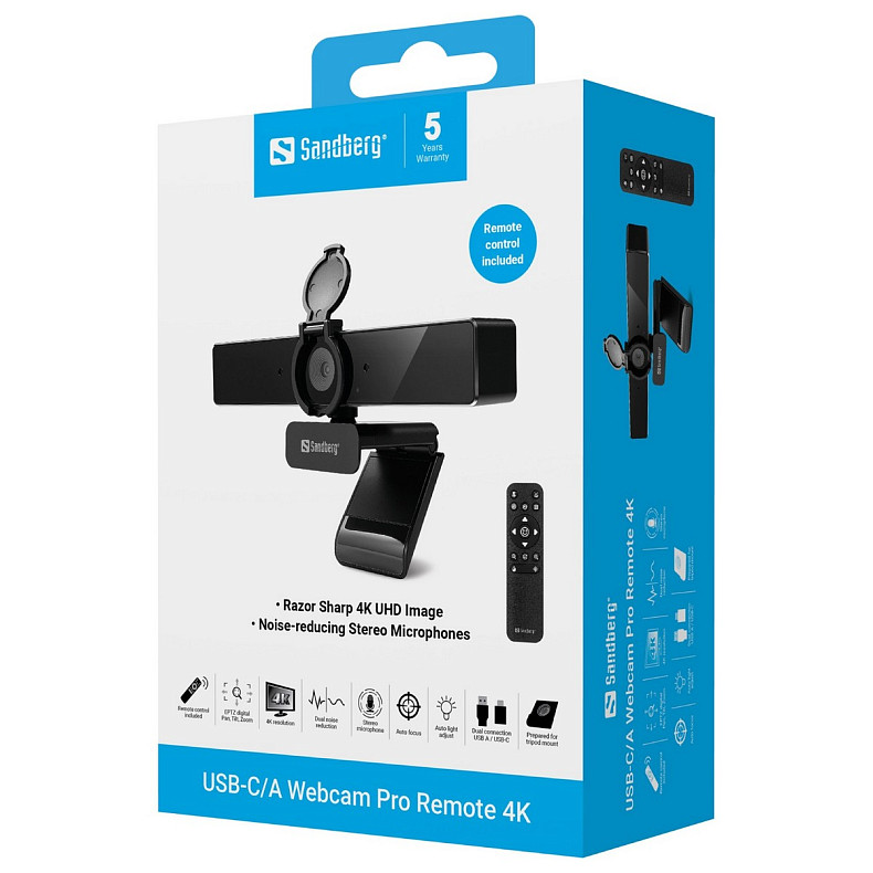 Веб-камера Sandberg 4K Webcam USB-A/USB-C connection, ENC, Remote control