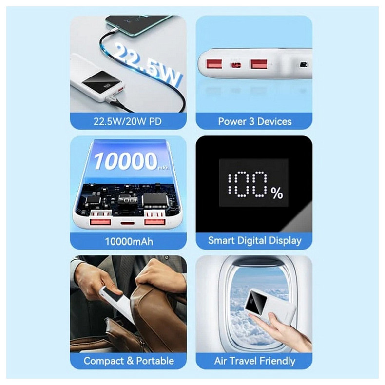 УМБ Vention 10000mAh 22.5W 3A PD, QC3.0, Micro-USB, USB-C, 2x USB-A, LED Display, White