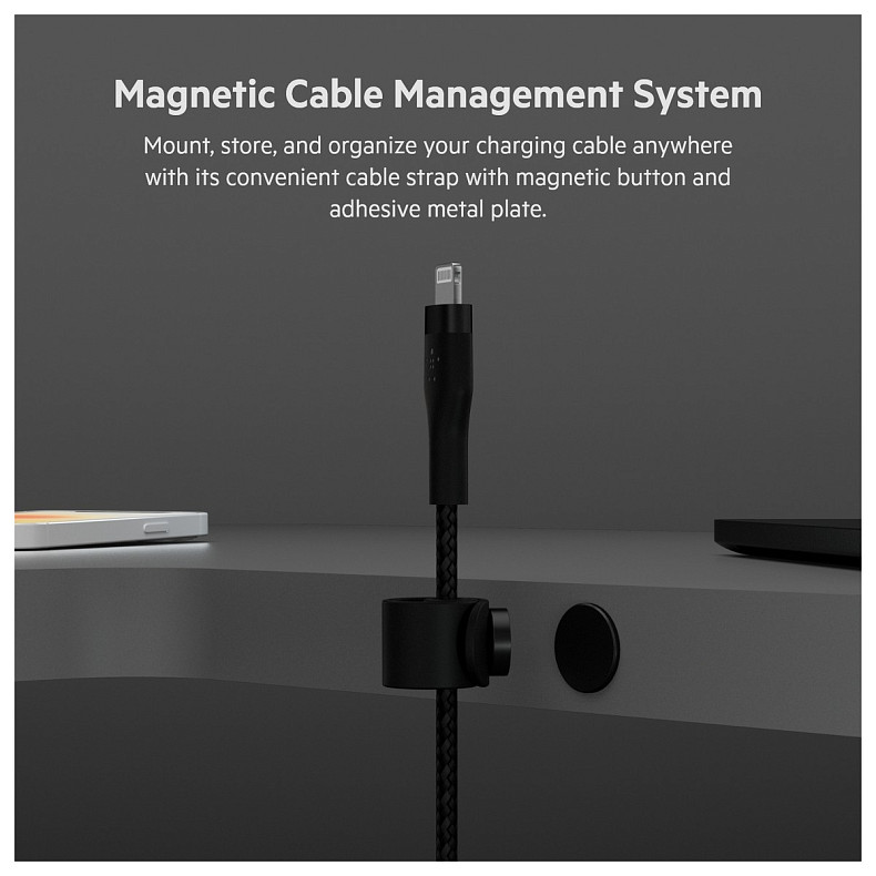 Кабель Belkin USB-A - Lightning плетений, силіконовий, з ремінцем на магніті, 1м, Black