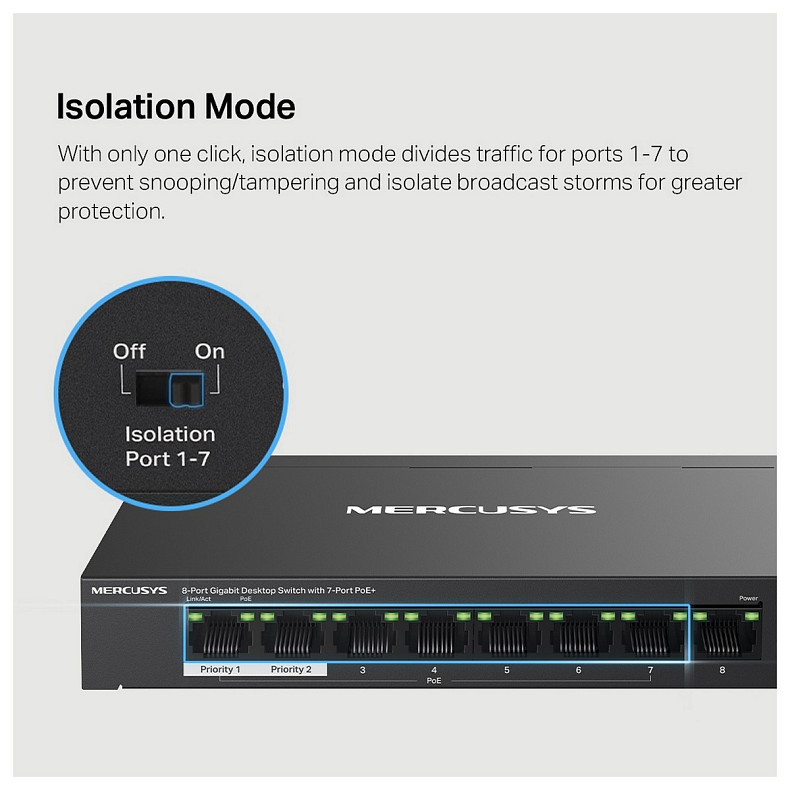 Коммутатор MERCUSYS MS108GP 8xGE (7xPoE), 65Вт, Неуправляемый