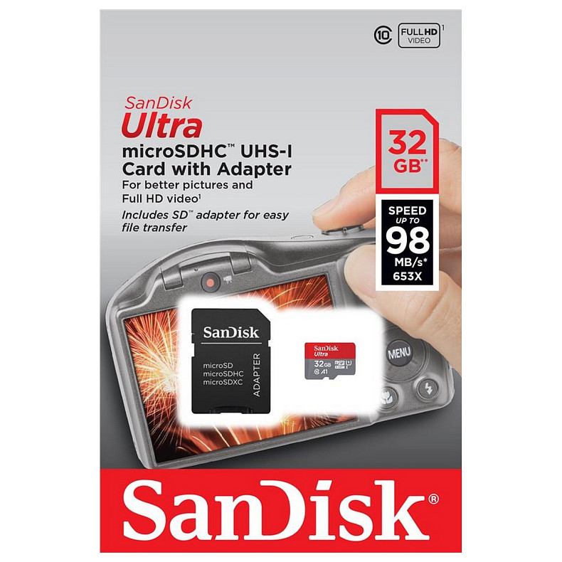 Карта памяти SanDisk 32GB microSDHC C10 UHS-I R100MB/s Ultra + SD