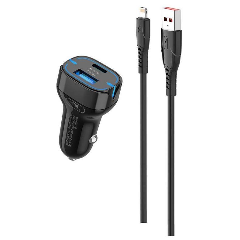 Автомобільний зарядний пристрій SkyDolphin SZ19L PD 20W + QC3.0 20W Black (AZP-000103) + кабель