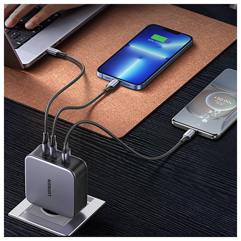 Зарядное устройство 3xUSB 140W GaN (2хUSB-C+USB-A) CD289 with C to C Cable 1.5 м Gray Ugreen