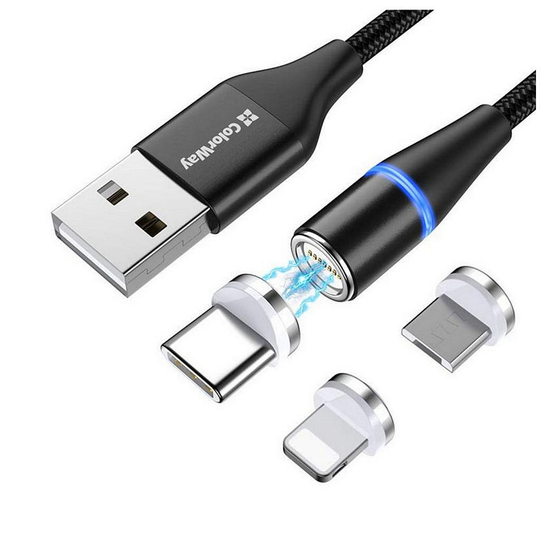 Кабель ColorWay USB-Lightning + microUSB + USB-C Magnetic Data/Quick Charge, 2.4А, 1м, Black (CW-CBU