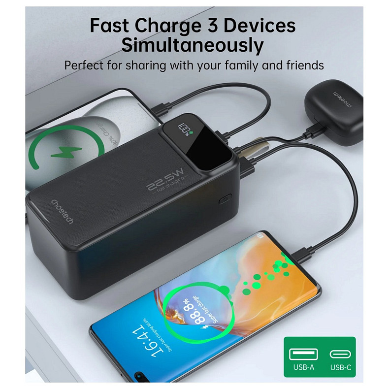 УМБ Choetech 50000mAh, 22,5W PD QC3.0, USB-C In/out, 2xUSB-A Li-pol черная