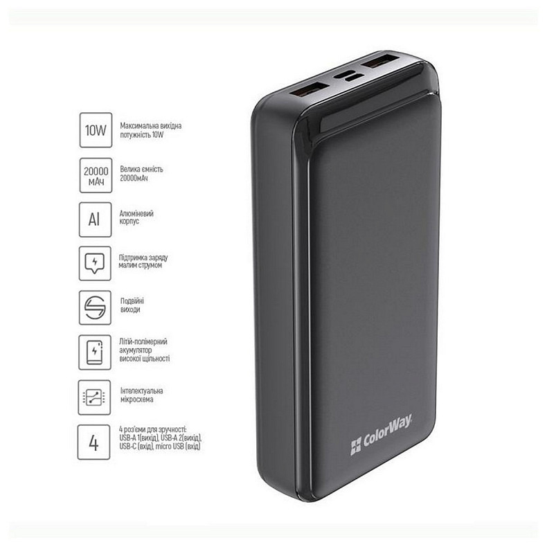 Універсальна мобільна батарея ColorWay Slim 20000mAh Black (CW-PB200LPD2BK)