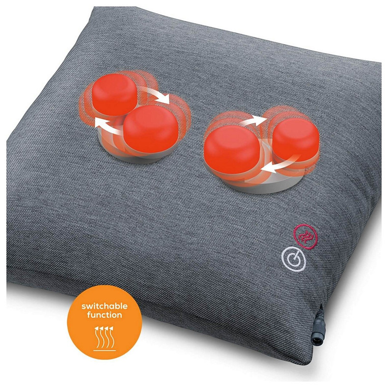 Масажна подушка Beurer для плечей, шиї, спини та ніг, від мережі, 4 головки шиацу, підігрів, сірий