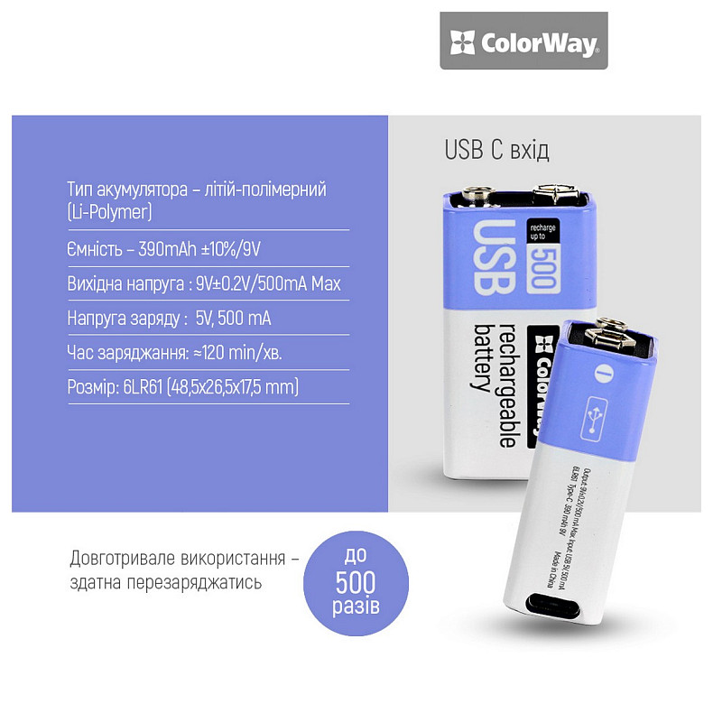 Акумулятор USB-C ColorWay (CW-UB9V-06) Крона Li-Pol 390 mAh BL