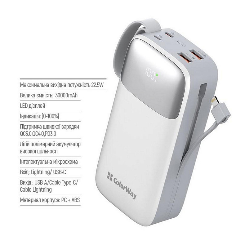 Универсальная мобильная батарея ColorWay 30000mAh White (CW-PB300LPA4WT-PDD)