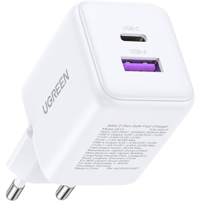 Зарядное устройство Ugreen 2xUSB 30W (USB-A + USB-C) X516 Gan белый