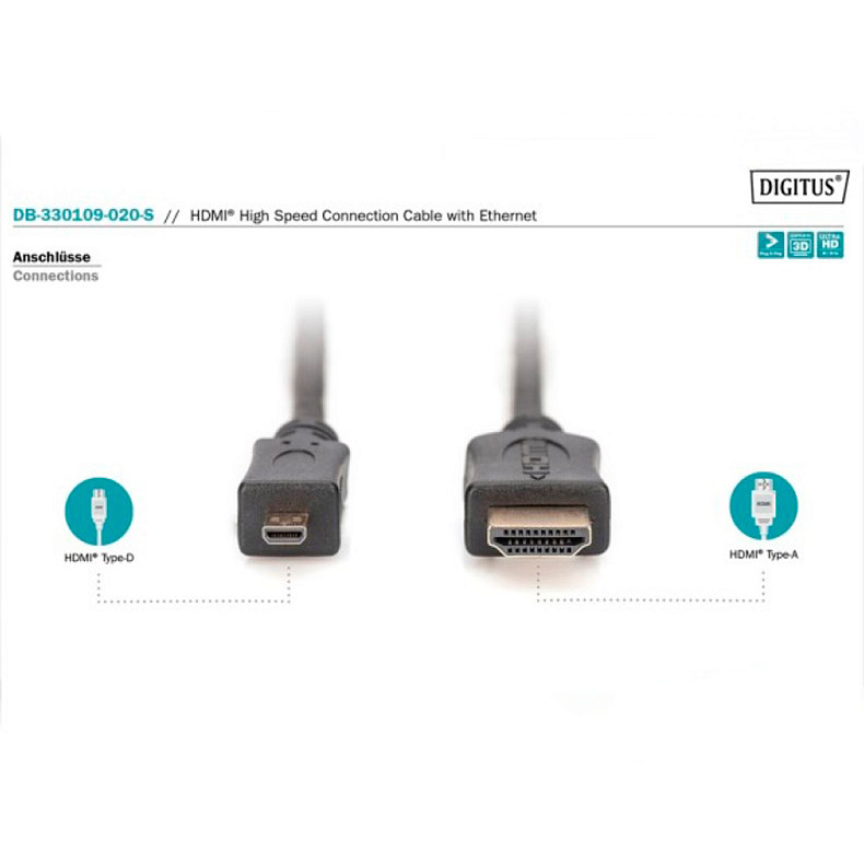 Кабель 4K HDMI 2M Type D to Type A DB-330109-020-S DIGITUS by ASSMANN