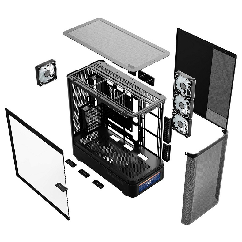 Корпус Modecom VOLCANO AQ500 ARGB MIDI FRONT LCD 6,2”, 4x120mm fans BLACK без БЖ ATX
