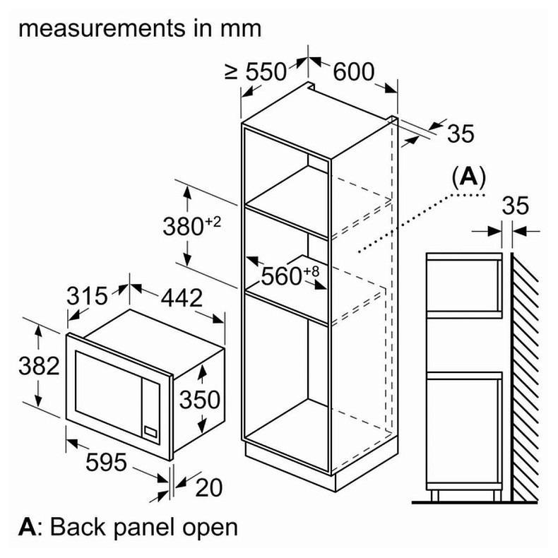 Мікрохвильова піч Bosch вбудована, 20л, електр. управл., 800Вт, дисплей, чорний/нержавійка