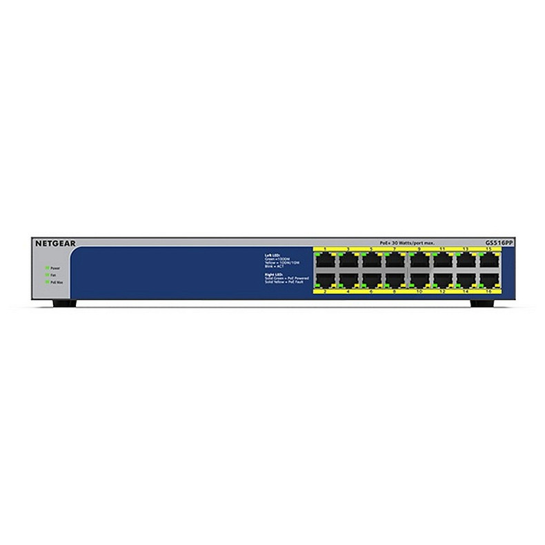 Комутатор NETGEAR GS516PP 16xGE PoE+(260Вт), некерований