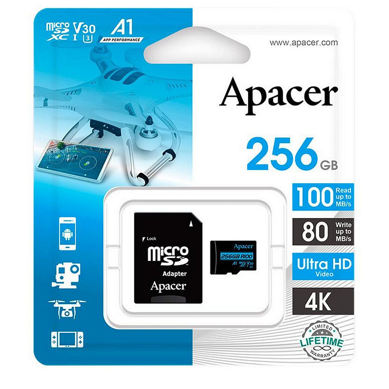 Карта пам'яті MicroSDXC 256GB UHS-I/U3 Class 10 Apacer (AP256GMCSX10U7-R) + SD адаптер