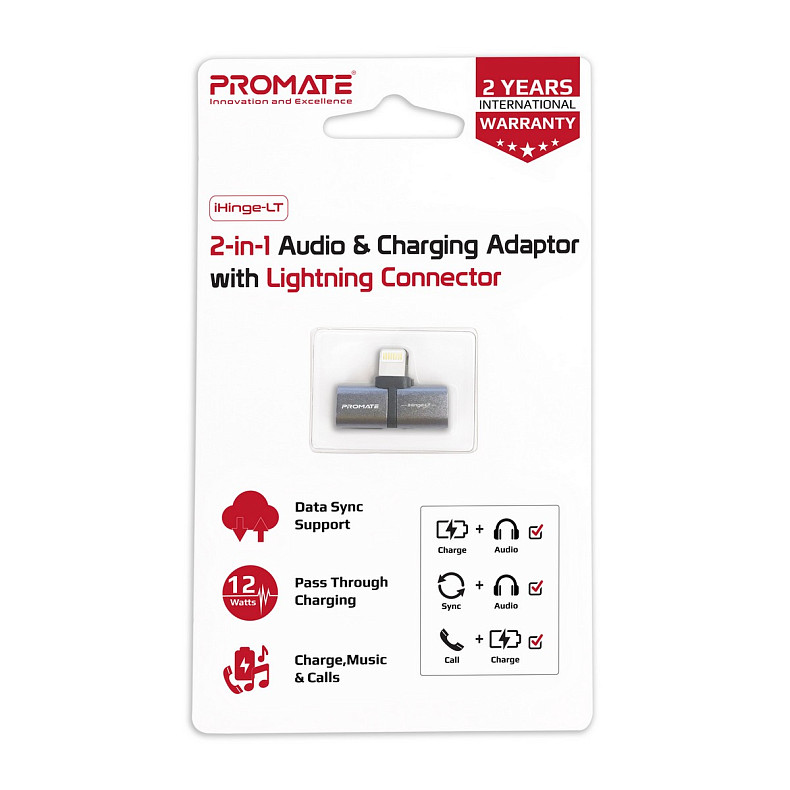 Адаптер Promate Lightning - 2хLightning (M/F) iHinge Grey (ihinge-lt.grey)