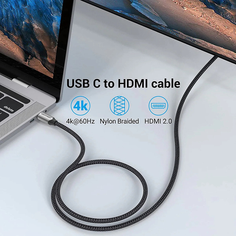 Кабель Vention USB 3.1 Type-C M - HDMI M, 2.0m v.2.0 4K 60Hz Aluminum Alloy Type чорний