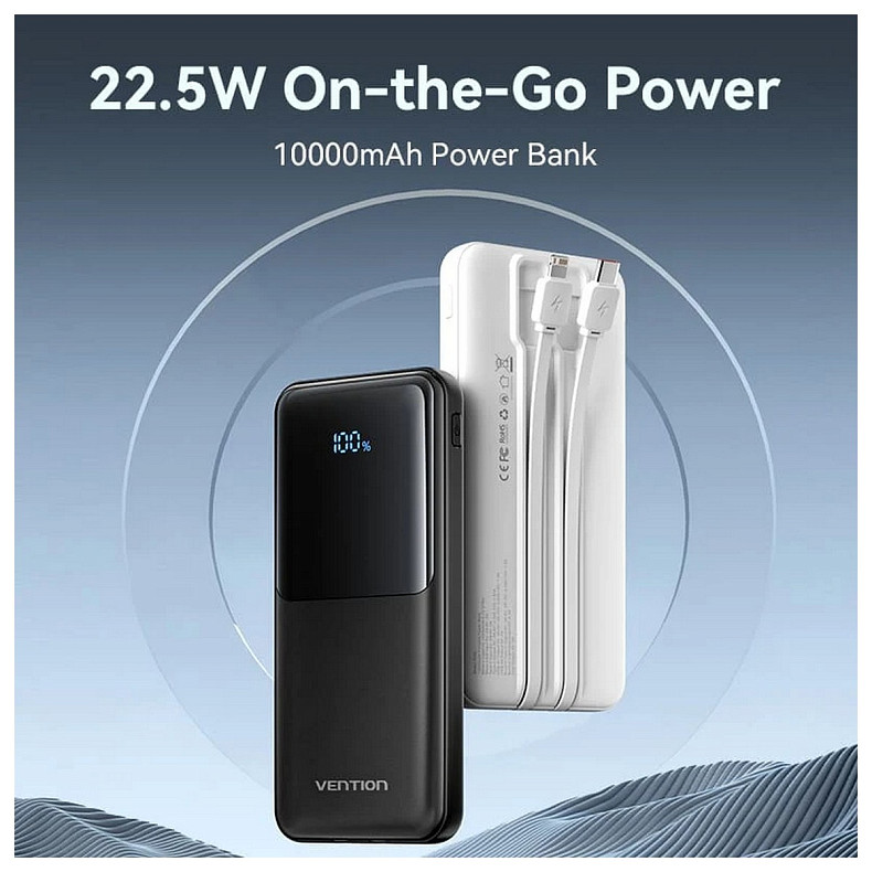 УМБ Vention 10000mAh 22.5W 3A PD,Micro-USB,USB-C,2xUSB-A,Built-in USB-C+Lightning Cables White