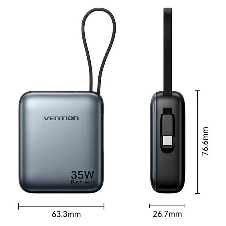 УМБ Vention 10000mAh 35W 3A PD,Fast Charging,1хType-C IN/OUT,Built-in USB-C Cable,LED Display,Gray