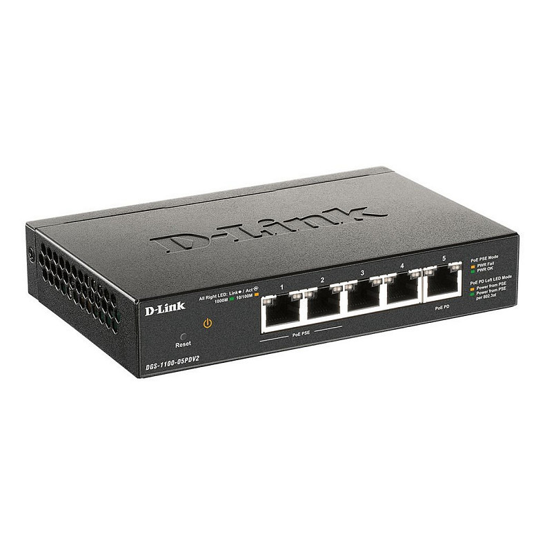 Комутатор D-Link DGS-1100-05PD 5xGE, (2xGE, 2xGE PoE, 1xGE PD), EasySmart