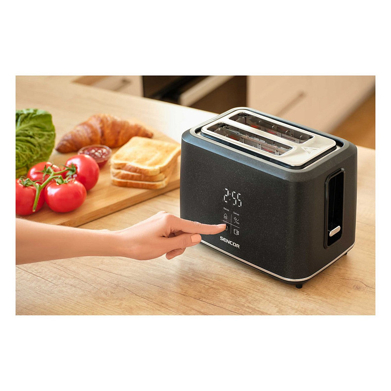 Тостер Sencor 1080Вт, підігрів, розморожування, сенс. керування, LED, пластик, чорний