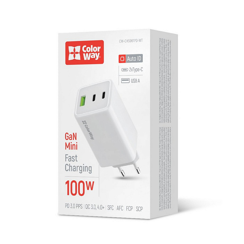 Сетевое зарядное устройство ColorWay GaN Mini 100W PD Port PPS USB (USB-2C1A) White (CW-CHS061PD-WT)