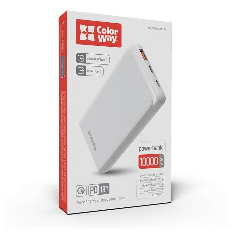 Универсальная мобильная батарея ColorWay Slim PD 10000mAh White (CW-PB100LPG3WT-PD)