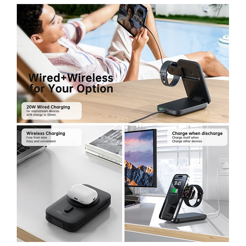 УМБ Choetech Magnetic Wireless 10000mAh 20W PD, QC USB-C, USB-Lightning Qi-2 15W, AppleWatch charg Black