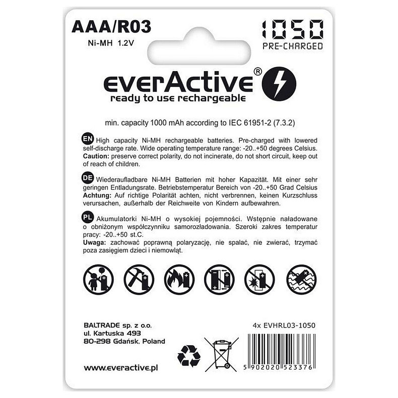 Акумулятор everActive AAA/HR03 Ni-MH 1050mAh BL 4шт