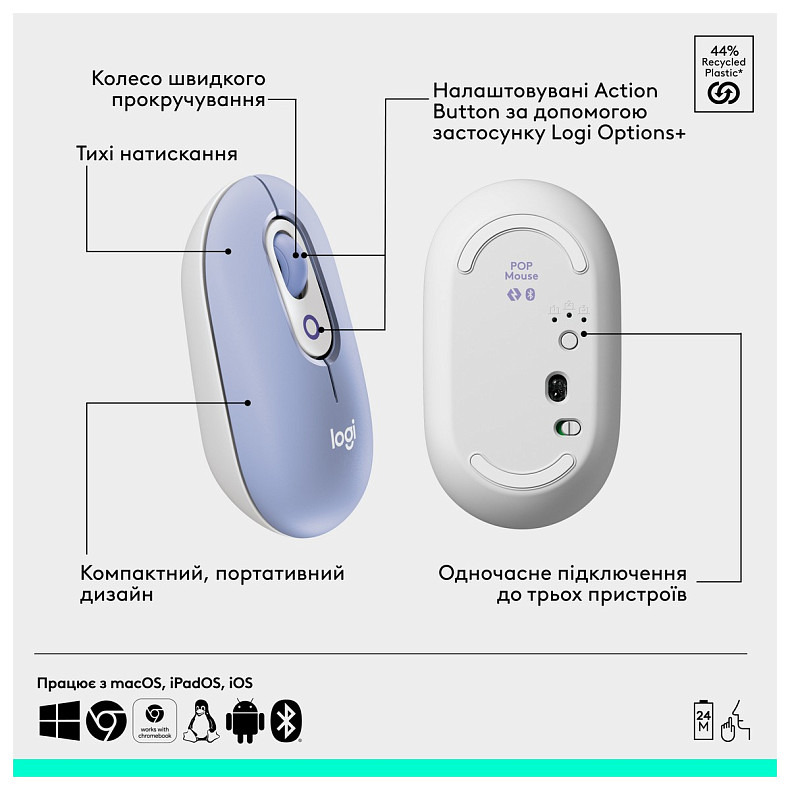 Миша бездротова Logitech Pop Mouse with Emoji Lilac (910-007414)
