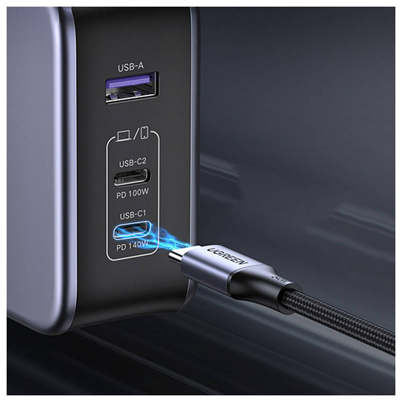 Зарядний пристрій 3xUSB 140W GaN (2хUSB-C+USB-A) CD289 with C to C Cable 1.5 м Gray Ugreen