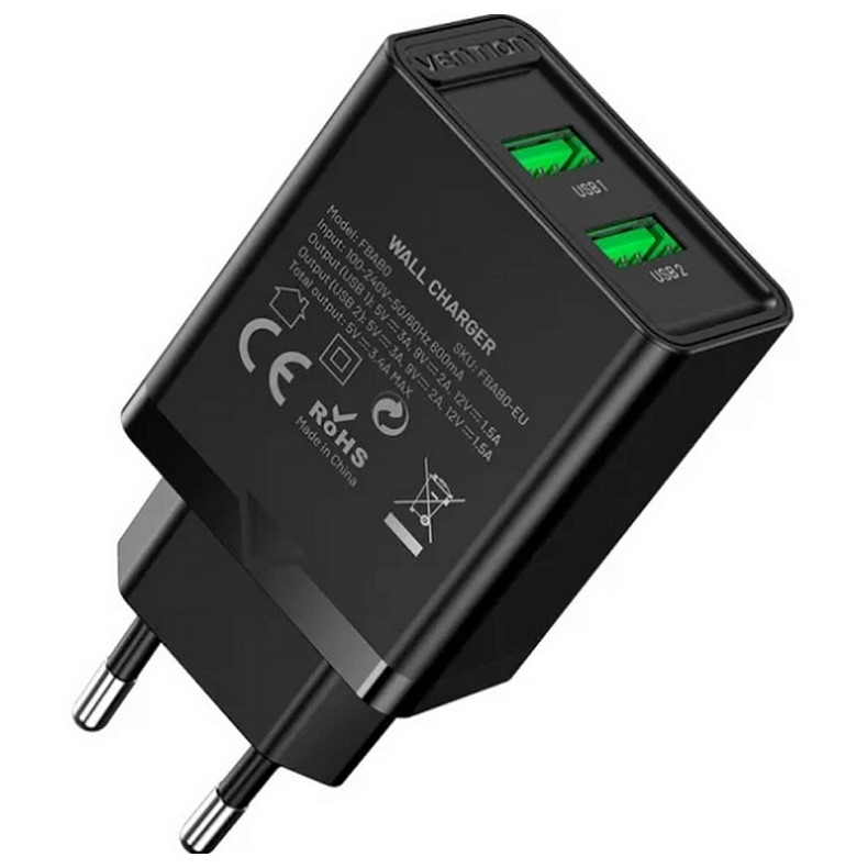 Зарядний пристрій Vention 2xUSB 36W (2xUSB-A) QC3.0 black