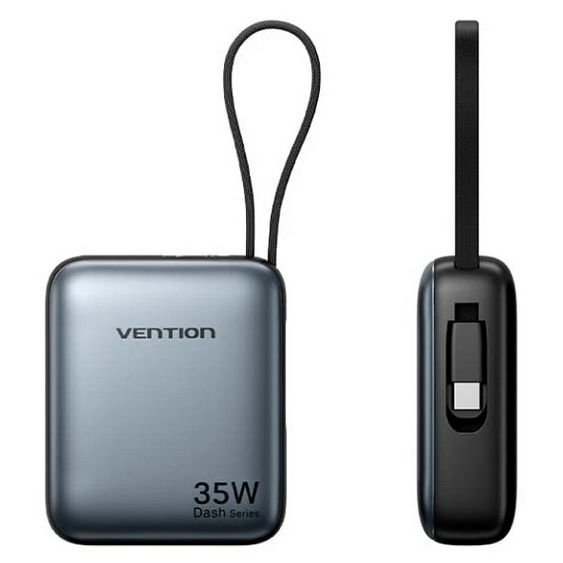 УМБ Vention 10000mAh 35W 3A PD,Fast Charging,1хType-C IN/OUT,Built-in USB-C Cable,LED Display,Gray