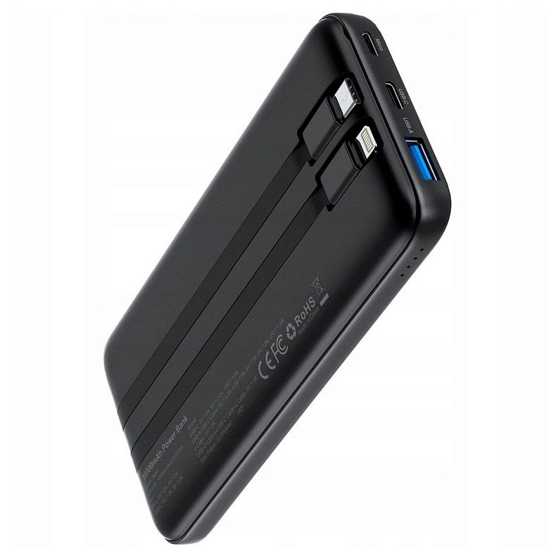 УМБ Choetech 10000mAh 22,5W Fast Charge MicroUsb,USB-A,USB-C,build-in USB-C/Lightning cable Black