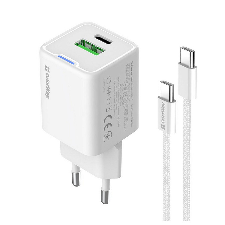 Сетевое зарядное устройство ColorWay GaN Mini 35W PD Port PPS USB (Type-C PD + USB QC4.0) White (CW-